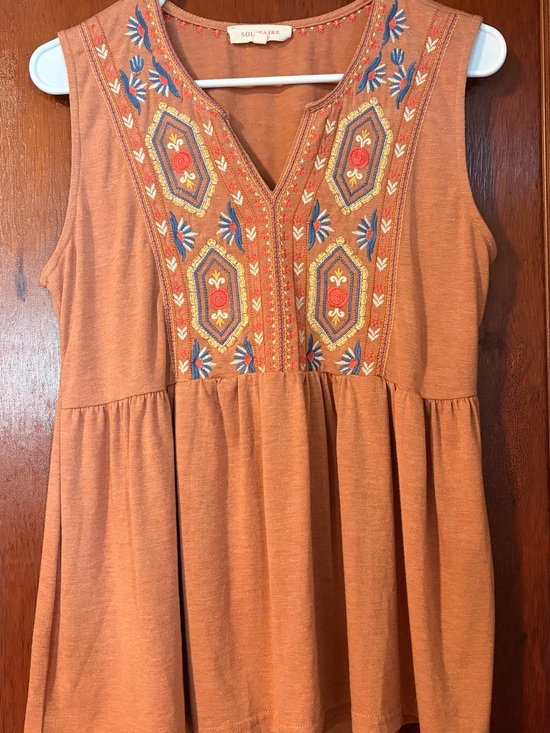 Solitaire Tops - Solitaire Rust Colored Embroidered Boho Peplum Tank with Blue and Cream Accents